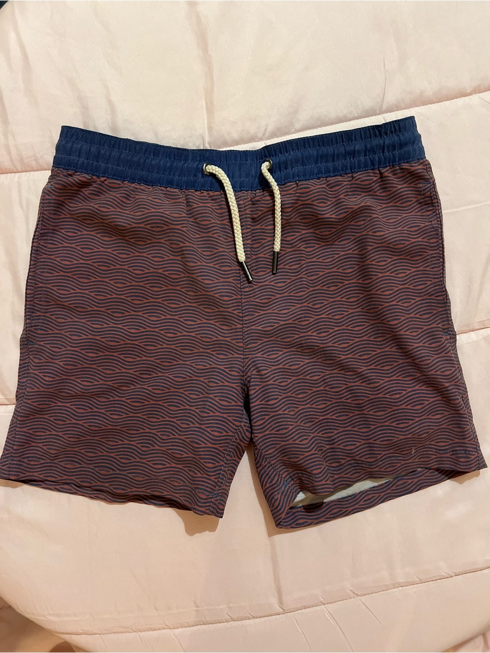 Fair Harbor Boys' Swim Trunks - Navy Waist with Maroon Wave Pattern